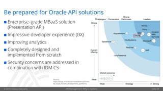 © OPITZ CONSULTING 2016 API Management: Why it matters! Seite 39
Be prepared for Oracle API solutions
¢ Enterprise–grade MBaaS solution
(Presentation API)
¢ Impressive developer experience (DX)
¢ Improving analytics
¢ Completely designed and
implemented from scratch
¢ Security concerns are addressed in
combination with IDM CS
Source:
https://blogs.oracle.com/mobile/entry/forres
ter_wave_mobile_development_platforms
 