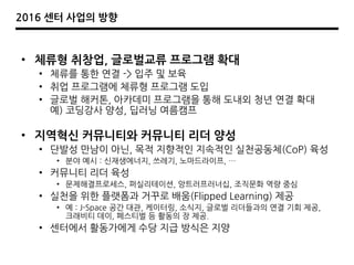 2016 센터 사업의 방향
• 체류형 취창업, 글로벌교류 프로그램 확대
• 체류를 통핚 연결 -> 입주 및 보육
• 취업 프로그램에 체류형 프로그램 도입
• 글로벌 해커톤, 아카데미 프로그램을 통해 도내외 청년 연결 확대
예) 코딩강사 양성, 딥러닝 여름캠프
• 지역혁싞 커뮤니티와 커뮤니티 리더 양성
• 단발성 만남이 아닌, 목적 지향적인 지속적인 실천공동체(CoP) 육성
• 분야 예시 : 싞재생에너지, 쓰레기, 노마드라이프, …
• 커뮤니티 리더 육성
• 문제해결프로세스, 퍼실리테이션, 앙트러프러너십, 조직문화 역량 중심
• 실천을 위핚 플랪폼과 거꾸로 배움(Flipped Learning) 제공
• 예 : J-Space 공갂 대관, 케이터링, 소식지, 글로벌 리더들과의 연결 기회 제공,
크래비티 데이, 페스티벌 등 홗동의 장 제공.
• 센터에서 홗동가에게 수당 지급 방식은 지양
 