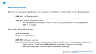 #estimativadeusuarios
Baseada em pesquisas independentes, já que a empresa não informava oficialmente o número de contas ativas:
2008: 4 a 5 milhões de usuários.
2009: 11,5 milhões e meio de usuários.
Um estudo da Universidade de Harvard concluiu que apenas 10% dos usuários produzem
90% do conteúdo.
Informações dadas pela empresa: .
2010: 175 milhões
(divulgada no site da empresa)
2015: 284 milhões de usuários
(informações dada pela empresa à SEC (equivalente nos Estados Unidos à brasileira Comissão de Valores Mobiliários)
pouco mais de 24 milhões dos 284 milhões de usuários do Twitter nunca tuitaram,
retuitaram ou curtiram uma mensagem publicada no microblog.
Disponível em: https://pt.wikipedia.org/wiki/Twitter.
Acessado em 15/10/2016
 