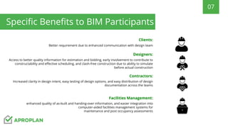 07
Specific Benefits to BIM Participants
Clients:
Better requirement due to enhanced communication with design team
Contractors:
Increased clarity in design intent, easy testing of design options, and easy distribution of design
documentation across the teams
Designers:
Access to better quality information for estimation and bidding, early involvement to contribute to
constructability and effective scheduling, and clash-free construction due to ability to simulate
before actual construction
Facilities Management:
enhanced quality of as-built and handing-over information, and easier integration into
computer-aided facilities management systems for
maintenance and post occupancy assessments
 