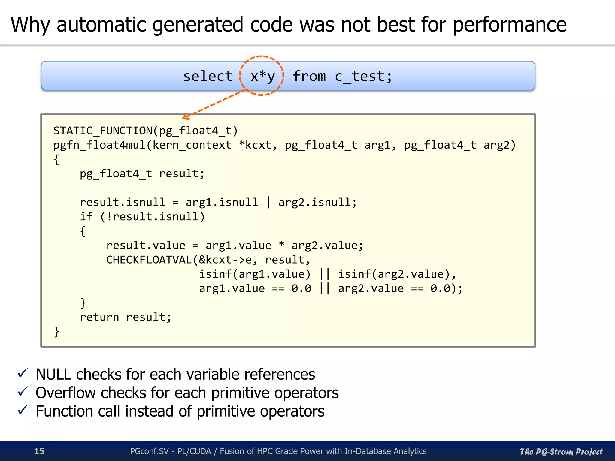 The PG-Strom Project
Why automatic generated code was not best for performance
PGconf.SV 2016 - PL/CUDA / Fusion of HPC Grade Power with In-Database Analytics15
 NULL checks for each variable references
 Overflow checks for each primitive operators
 Function call instead of primitive operators
STATIC_FUNCTION(pg_float4_t)
pgfn_float4mul(kern_context *kcxt, pg_float4_t arg1, pg_float4_t arg2)
{
pg_float4_t result;
result.isnull = arg1.isnull | arg2.isnull;
if (!result.isnull)
{
result.value = arg1.value * arg2.value;
CHECKFLOATVAL(&kcxt->e, result,
isinf(arg1.value) || isinf(arg2.value),
arg1.value == 0.0 || arg2.value == 0.0);
}
return result;
}
select x*y from c_test;
 
