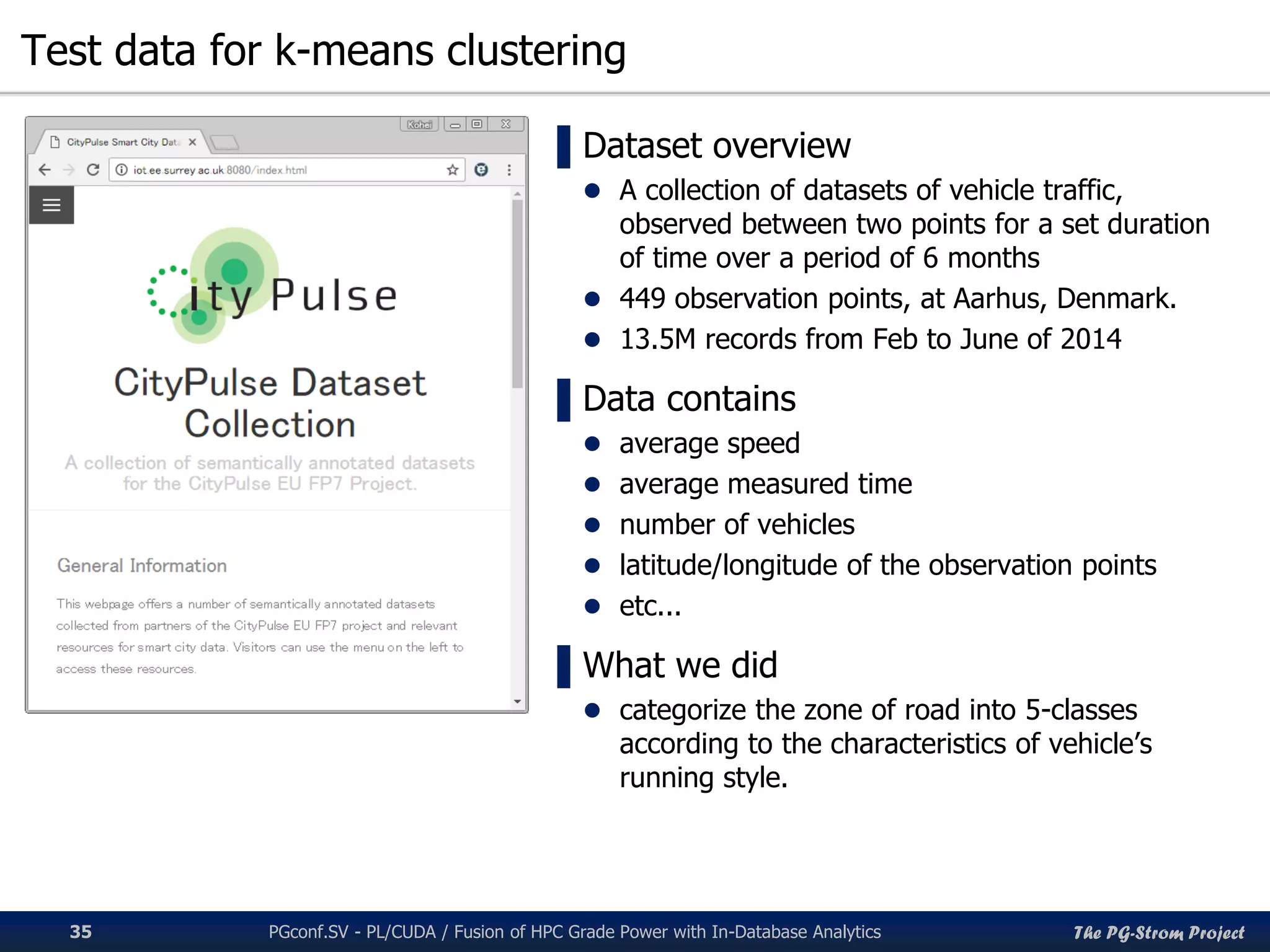 The PG-Strom Project
Test data for k-means clustering
PGconf.SV 2016 - PL/CUDA / Fusion of HPC Grade Power with In-Database Analytics35
▌Dataset overview
 A collection of datasets of vehicle traffic,
observed between two points for a set duration
of time over a period of 6 months
 449 observation points, at Aarhus, Denmark.
 13.5M records from Feb to June of 2014
▌Data contains
 average speed
 average measured time
 number of vehicles
 latitude/longitude of the observation points
 etc...
▌What we did
 categorize the zone of road into 5-classes
according to the characteristics of vehicle’s
running style.
 