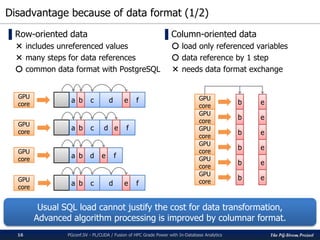 The PG-Strom Project
Disadvantage because of data format (1/2)
PGconf.SV 2016 - PL/CUDA / Fusion of HPC Grade Power with In-Database Analytics16
▌Row-oriented data
× includes unreferenced values
× many steps for data references
〇 common data format with PostgreSQL
▌Column-oriented data
〇 load only referenced variables
〇 data reference by 1 step
× needs data format exchange
GPU
core
GPU
core
GPU
core
a c d feb
a c d feb
a d feb
a c d feb
GPU
core
eb
GPU
core
GPU
core
GPU
core
GPU
core
b
b
b
b
b
GPU
core
GPU
core
e
e
e
e
e
Usual SQL load cannot justify the cost for data transformation,
Advanced algorithm processing is improved by columnar format.
 