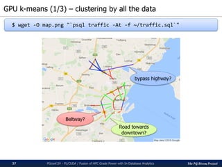 The PG-Strom Project
GPU k-means (1/3) – clustering by all the data
PGconf.SV 2016 - PL/CUDA / Fusion of HPC Grade Power with In-Database Analytics37
$ wget -O map.png "`psql traffic -At -f ~/traffic.sql`"
bypass highway?
Road towards
downtown?
Beltway?
 