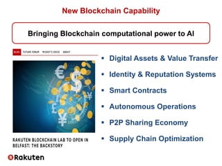 New Blockchain Capability
Bringing Blockchain computational power to AI
 Digital Assets & Value Transfer
 Smart Contracts
 Autonomous Operations
 P2P Sharing Economy
 Identity & Reputation Systems
 Supply Chain Optimization
 