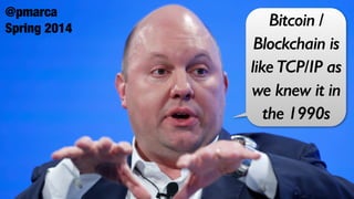 @CaisseDesDepots — @pdewostNov 17th 2016
@pmarca
Spring 2014
Bitcoin /
Blockchain is
likeTCP/IP as
we knew it in
the 1990s
 