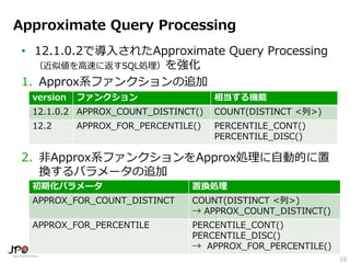16
Approximate Query Processing
• 12.1.0.2で導入されたApproximate Query Processing
（近似値を高速に返すSQL処理）を強化
1. Approx系ファンクションの追加
2. 非Approx系ファンクションをApprox処理に自動的に置
換するパラメータの追加
version ファンクション 相当する機能
12.1.0.2 APPROX_COUNT_DISTINCT() COUNT(DISTINCT <列>)
12.2 APPROX_FOR_PERCENTILE() PERCENTILE_CONT()
PERCENTILE_DISC()
初期化パラメータ 置換処理
APPROX_FOR_COUNT_DISTINCT COUNT(DISTINCT <列>)
→ APPROX_COUNT_DISTINCT()
APPROX_FOR_PERCENTILE PERCENTILE_CONT()
PERCENTILE_DISC()
→ APPROX_FOR_PERCENTILE()
 