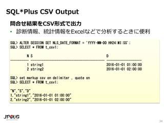 34
SQL*Plus CSV Output
問合せ結果をCSV形式で出力
• 診断情報、統計情報をExcelなどで分析するときに便利
SQL> ALTER SESSION SET NLS_DATE_FORMAT = 'YYYY-MM-DD HH24:MI:SS';
SQL> SELECT * FROM t_csv1;
N S D
---------- ---------------------------------------- -------------------
1 string1 2016-01-01 01:00:00
2 string2 2016-01-01 02:00:00
SQL> set markup csv on delimiter , quote on
SQL> SELECT * FROM t_csv1;
"N","S","D"
1,"string1","2016-01-01 01:00:00"
2,"string2","2016-01-01 02:00:00"
 