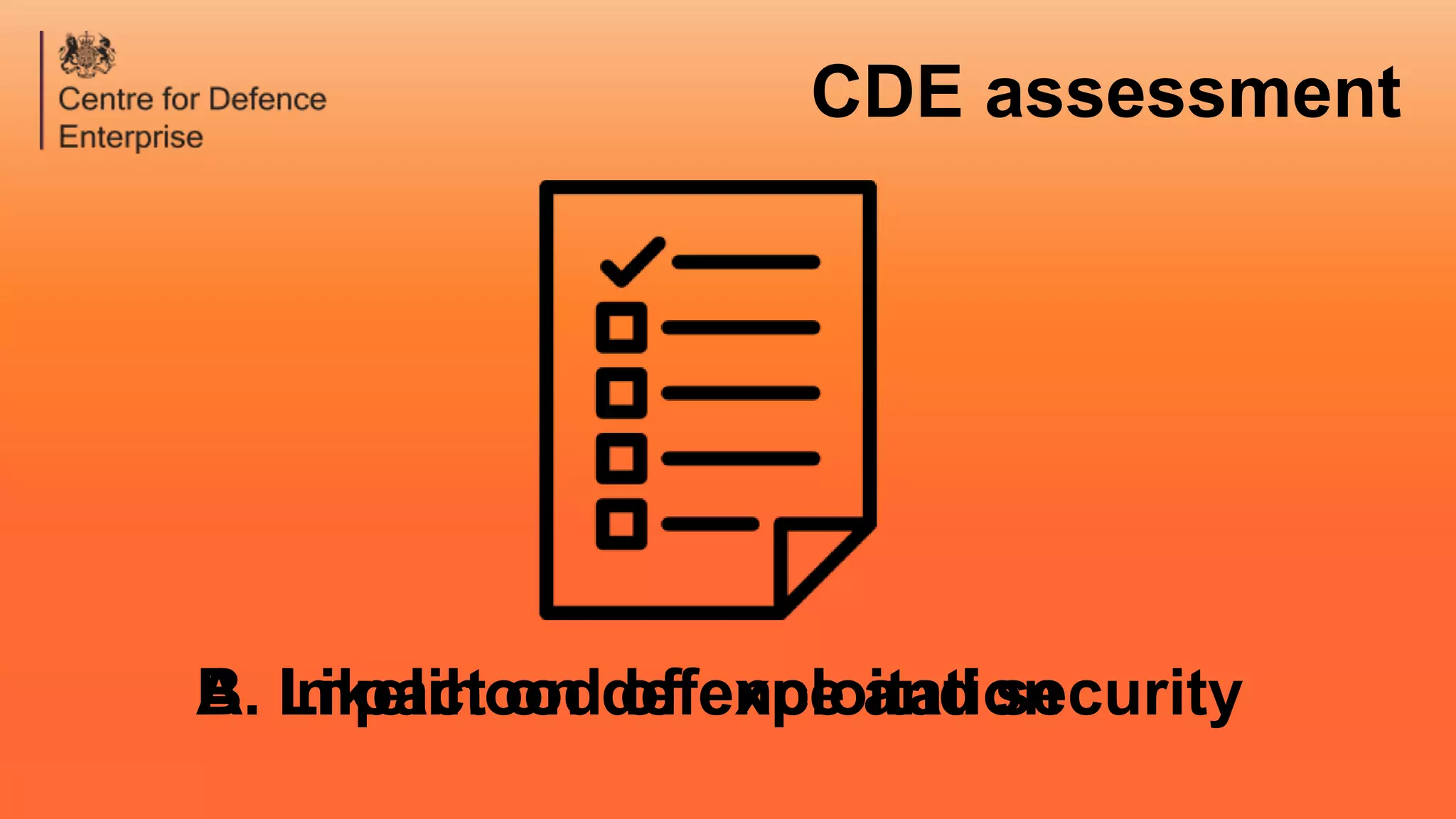CDE assessment
A. Impact on defence and securityB. Likelihood of exploitation
 