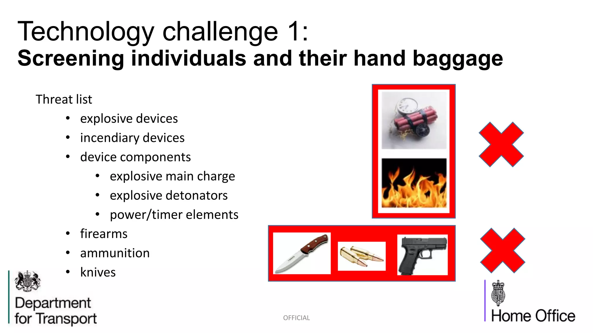 Technology challenge 1:
Screening individuals and their hand baggage
OFFICIAL
Threat list
• explosive devices
• incendiary devices
• device components
• explosive main charge
• explosive detonators
• power/timer elements
• firearms
• ammunition
• knives
 