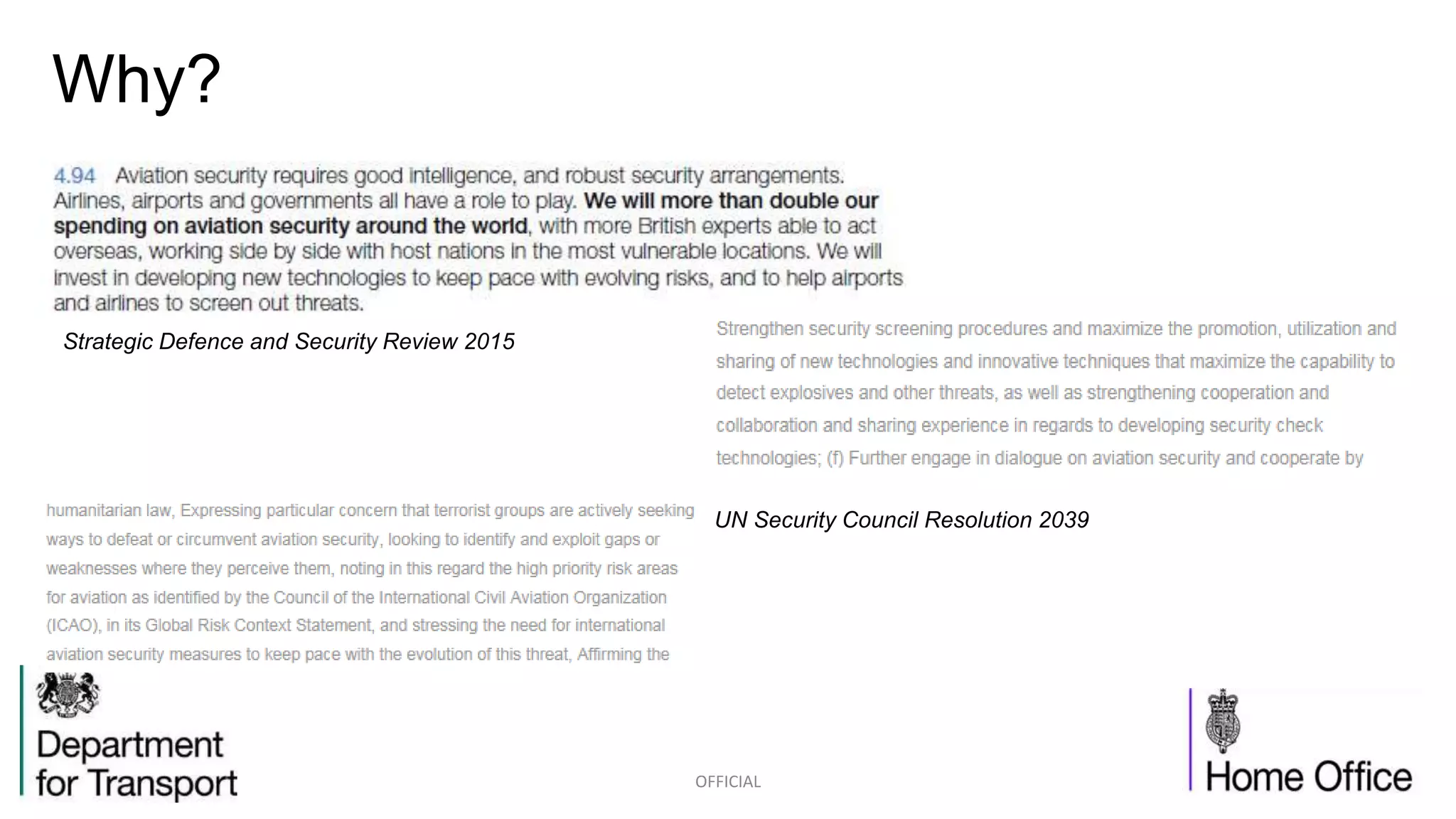 Why?
OFFICIAL
Strategic Defence and Security Review 2015
UN Security Council Resolution 2039
 