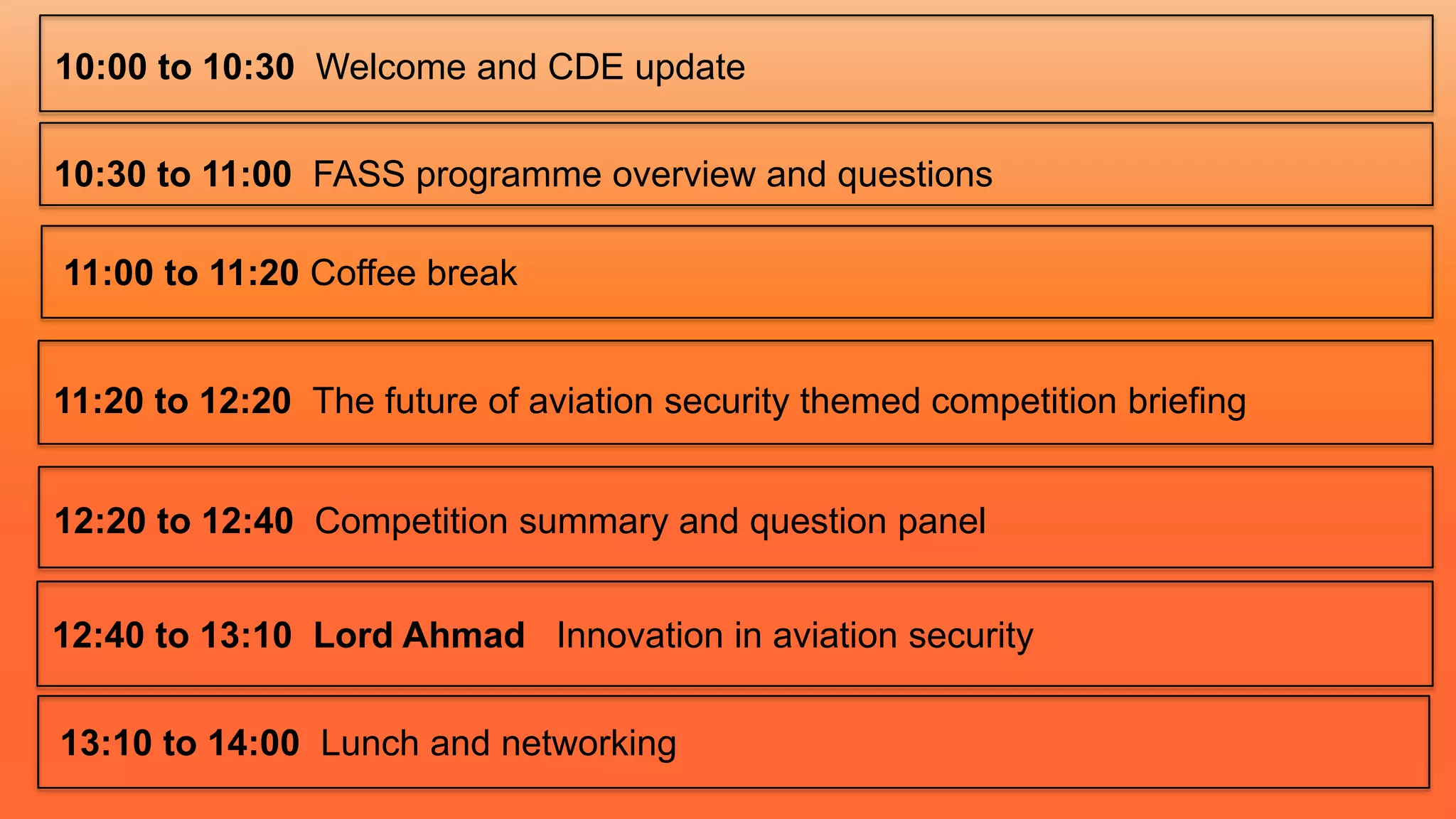 10:00 to 10:30 Welcome and CDE update
10:30 to 11:00 FASS programme overview and questions
11:20 to 12:20 The future of aviation security themed competition briefing
11:00 to 11:20 Coffee break
12:20 to 12:40 Competition summary and question panel
12:40 to 13:10 Lord Ahmad Innovation in aviation security
13:10 to 14:00 Lunch and networking
 