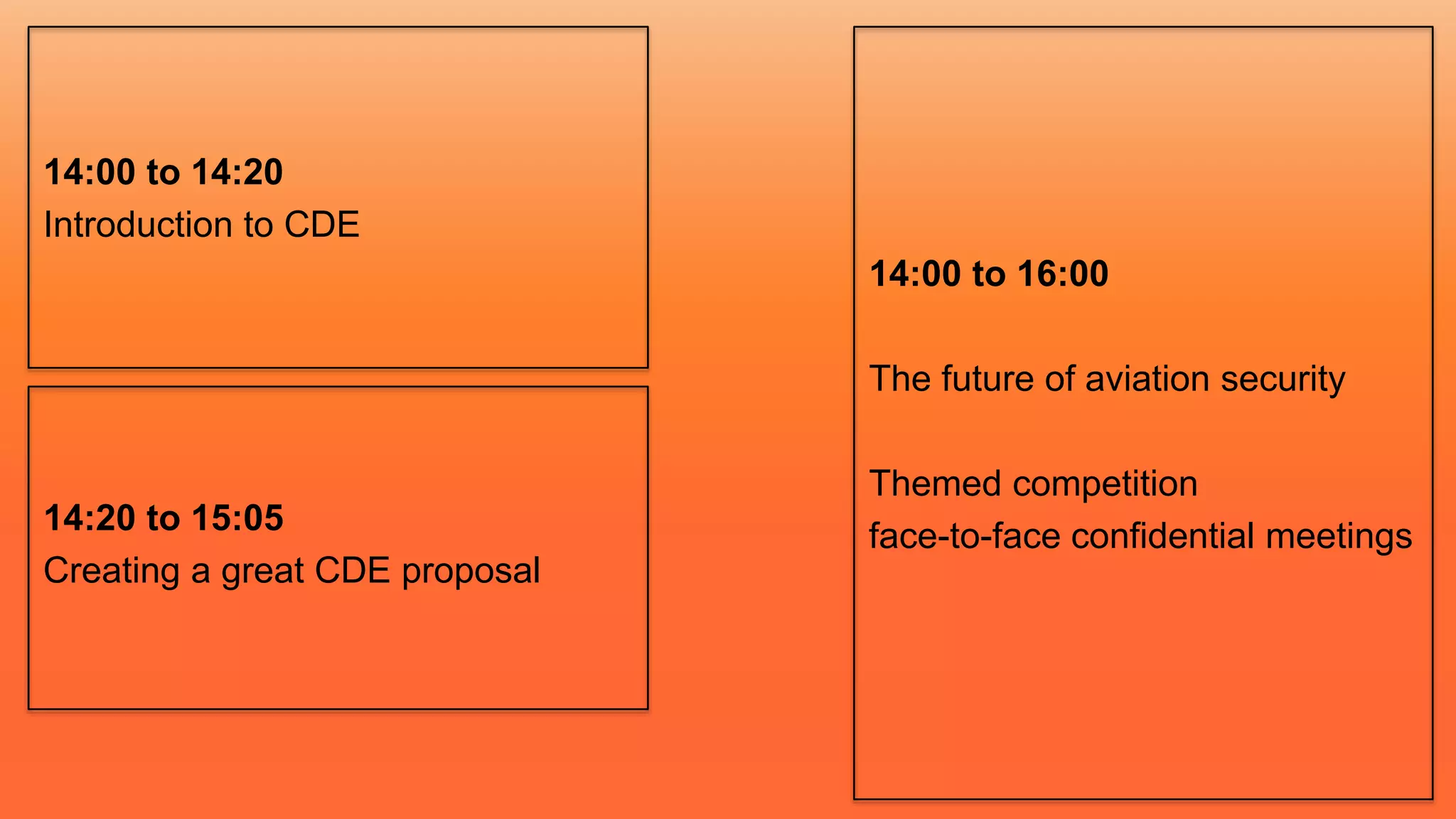 14:00 to 14:20
Introduction to CDE
14:20 to 15:05
Creating a great CDE proposal
14:00 to 16:00
The future of aviation security
Themed competition
face-to-face confidential meetings
 
