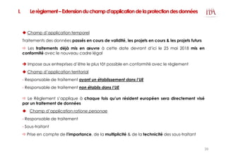 I. Lerèglement–Extensionduchampd’applicationdelaprotectiondesdonnées
 Champ d’application temporel
Traitements des données passés en cours de validité, les projets en cours & les projets futurs
 Les traitements déjà mis en œuvre à cette date devront d’ici le 25 mai 2018 mis en
conformité avec le nouveau cadre légal
 Impose aux entreprises d’être le plus tôt possible en conformité avec le règlement
 Champ d’application territorial
- Responsable de traitement ayant un établissement dans l’UE
- Responsable de traitement non établis dans l’UE
 Le Règlement s’applique à chaque fois qu’un résident européen sera directement visé
par un traitement de données
 Champ d’application ratione personae
- Responsable de traitement
- Sous-traitant
 Prise en compte de l’importance, de la multiplicité & de la technicité des sous-traitant
39
 