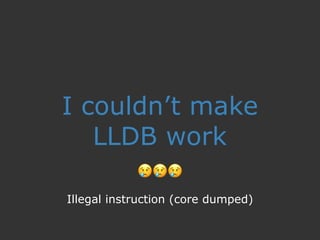 I couldn’t make
LLDB work
😢😢😢
Illegal instruction (core dumped)
 