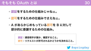 #springday
認証をするための仕組みじゃねェ。
認可をするための仕組みでさえねェ。
A があらかじめもっている認可を B に対して 
部分的に委譲するための仕組み。
そもそも OAuth とは 30
認証：通信相手が誰か、確認すること。
認可：リクエストが許可されるかどうかを決めること。
 