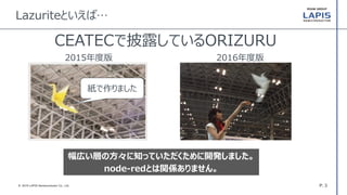P. 3© 2016 LAPIS Semiconductor Co., Ltd.
2015年度版 2016年度版
Lazuriteといえば…
紙で作りました
CEATECで披露しているORIZURU
幅広い層の方々に知っていただくために開発しました。
node-redとは関係ありません。
 
