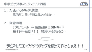 P. 6© 2016 LAPIS Semiconductor Co., Ltd.
中学生から聞いた、システムの課題
１．Arduinoのバッテリ問題
電池が１日しか持たなかったとか…
２．無線問題
3Gモジュール ⇒ 設置台数 x SIMカード
植木鉢一個だけ？？ 結局いくらかかるの…
ラピスセミコンダクタのチップを使って作っちゃえ！！
 
