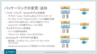 Copyright © 2016, Oracle and/or its affiliates. All rights reserved. |
パッケージングの変更・追加
• パッケージング – Dockerモデルの採用
– アプリケーション、ランタイムをコンテナにパッケージ
– サービス・パッケージとコンフィグレーション機能を分離
– スタンドアロン型のイミュータブルな実行バイナリ
– Java SE 9ベースの実行モジュールに対応
• マルチテナントへの対応
– リソース活用の効率化
– テナント・ベースのルーティングとデプロイ
• Serverlessアーキテクチャの導入
– 新仕様 – インタフェース、パッケージ・フォーマット
マニフェスト
– Ephemeral instantiation（ごく短命なインスタンスの生成）
19
App
Server
Order
service
App
Server
Catalog
service
App
Server
User profile
service
 