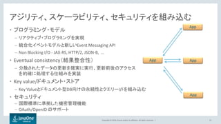Copyright © 2016, Oracle and/or its affiliates. All rights reserved. |
アジリティ、スケーラビリティ、セキュリティを組み込む
• プログラミング・モデル
– リアクティブ・プログラミングを実現
– 統合化イベントモデルと新しいEvent Messaging API
– Non Blocking I/O - JAX-RS, HTTP/2, JSON-B, …
• Eventual consistency（結果整合性）
– 分散されたデータの更新を確実に実行、更新前後のアクセス
を的確に処理する仕組みを実装
• Key value/ドキュメント・ストア
– Key Valueとドキュメント型DB向けの永続性とクエリーI/Fを組み込む
• セキュリティ
– 国際標準に準拠した機密管理機能
– OAuth/OpenID のサポート
21
App
App
App
App
 