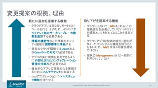 Copyright © 2016, Oracle and/or its affiliates. All rights reserved. |
変更提案の根拠、理由
26
新たに追加を提案する機能
• クラウドアプリは多くのリモートREST
コールを行う。そのため、JAX-RSにク
ライアント側のサーキットブレーカ機
能を追加する必要がある
• 情報の機密性などの情報セキュリ
ティ機能は国際標準に準拠する
• 現在のクラウド環境ではOauthおよ
びOpenIDへの対応 は必須である
• アプリの実行環境を変更できるよう
に 外部化されたコンフィグレーション
管理の仕組みが必要である
• 複合的なアプリの高集約化を実現す
るためにマルチテナントを実装する
• Javaアプリケーションにヘルスチェッ
ク機能を持たせる
取り下げを提案する機能
• クラウドにおいて、JMSはこれ以上の
機能強化を必要としていない（JMS 2.0
を標準としてとどめておくことを提案す
る）
• クラウドアプリは技術の変化・進化が
速く、かつシンプルな構成を持つこと
も多いため、 MVC は多くの場合適切
ではない
• 現状の Management JSR は一般的に
利用されていない
 