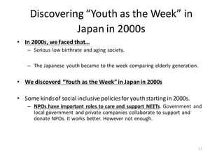 Discovering	
  “Youth	
  as	
  the	
  Week”	
  in	
  
Japan	
  in	
  2000s	
  
• In	
  2000s,	
  we	
  faced	
  that…
– Serious	
  low	
  birthrate	
  and	
  aging	
  society.	
  
– The	
  Japanese	
   youth	
  became	
  to	
  the	
  week	
  comparing	
  elderly	
  generation.
• We	
  discoverd “Youth	
  as	
  the	
  Week”	
  in	
  Japan	
  in	
  2000s	
  
• Some	
  kinds	
  of	
  social	
  inclusive	
  policies	
  for	
  youth	
  starting	
  in	
  2000s.	
  
– NPOs	
  have	
  important	
   roles	
  to	
  care	
  and	
  support	
   NEETs.	
  Government	
   and	
  
local	
  government	
   and	
  private	
  companies	
  collaborate	
  to	
  support	
  and	
  
donate	
  NPOs.	
  It	
  works	
  better.	
  However	
  not	
  enough.
17
 