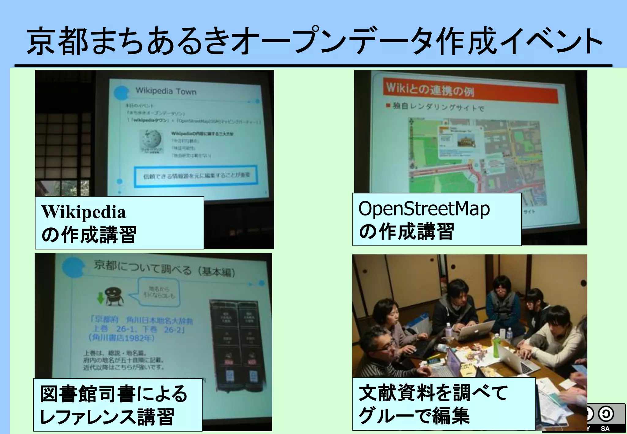 京都まちあるきオープンデータ作成イベント
図書館司書による
レファレンス講習
文献資料を調べて
グルーで編集
OpenStreetMap
の作成講習
Wikipedia
の作成講習
 