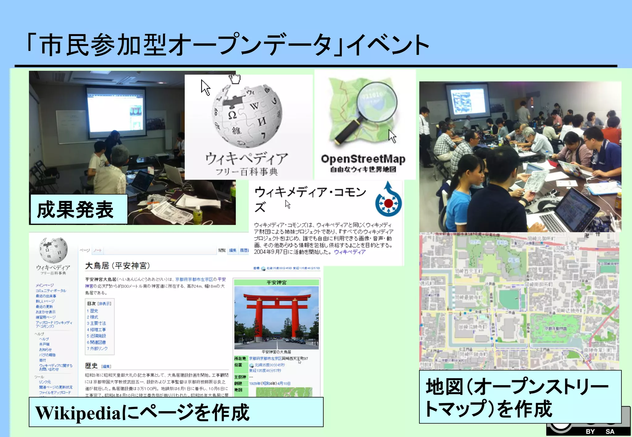 「市民参加型オープンデータ」イベント
地図（オープンストリー
トマップ）を作成Wikipediaにページを作成
成果発表
 