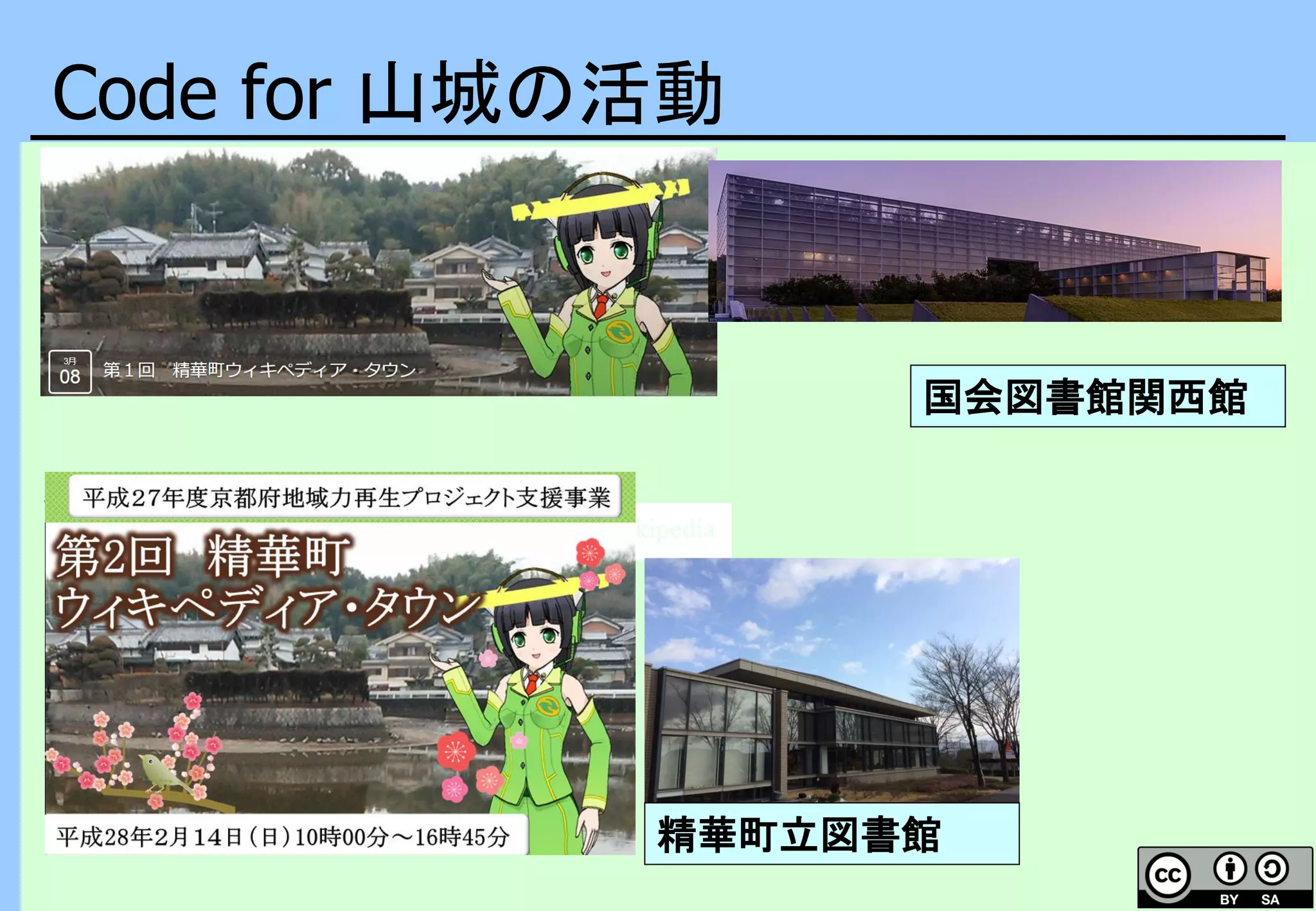Code for 山城の活動
住んでるまちの
ウィキペディアを
みんなで作るイベント
国会図書館関西館
精華町立図書館
 