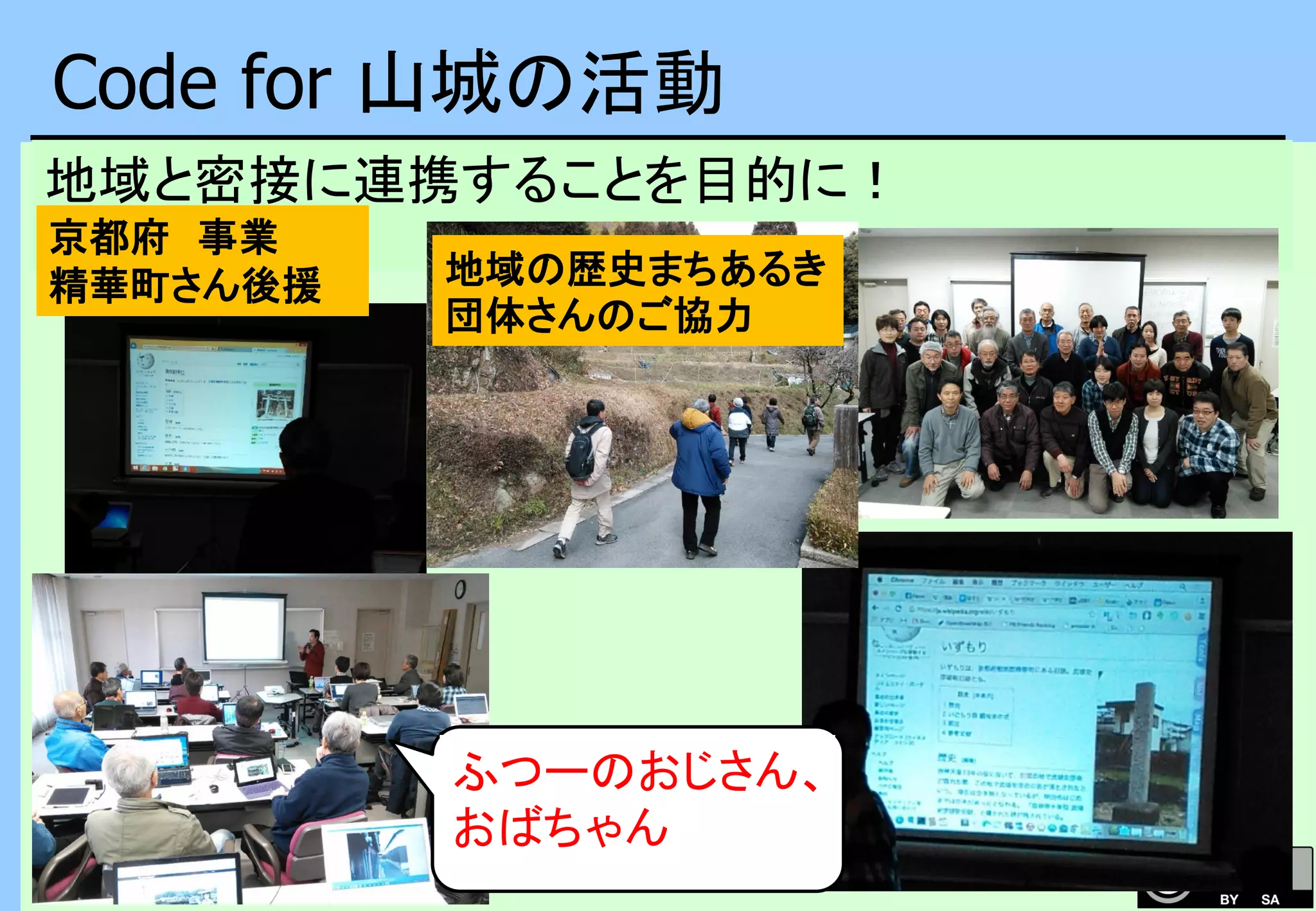 Code for 山城の活動
地域と密接に連携することを目的に！
京都府 事業
精華町さん後援 地域の歴史まちあるき
団体さんのご協力
ふつーのおじさん、
おばちゃん
 