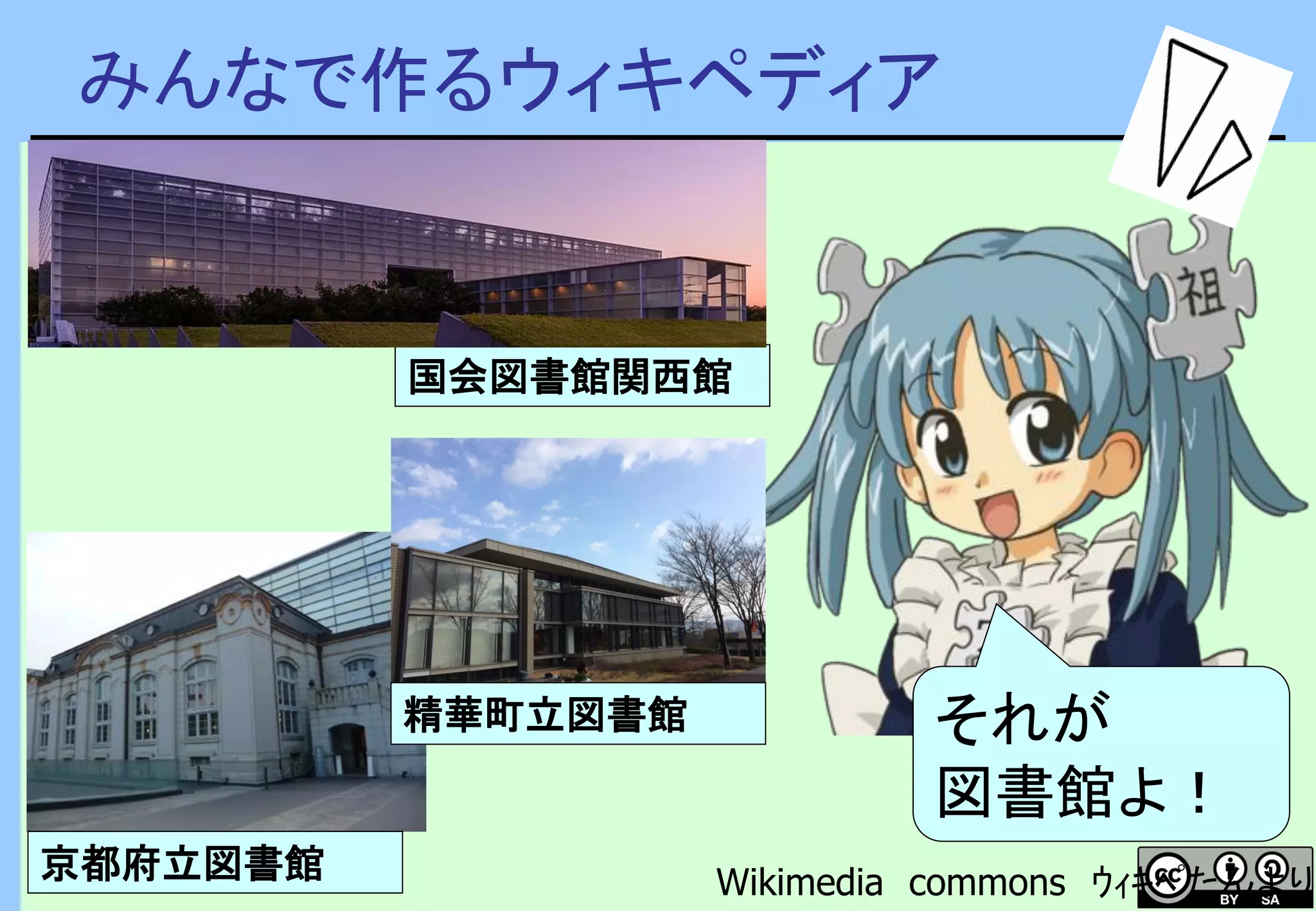 みんなで作るウィキペディア
Wikimedia commons ｳｨｷﾍﾟたんより
それが
図書館よ！
京都府立図書館
国会図書館関西館
精華町立図書館
 