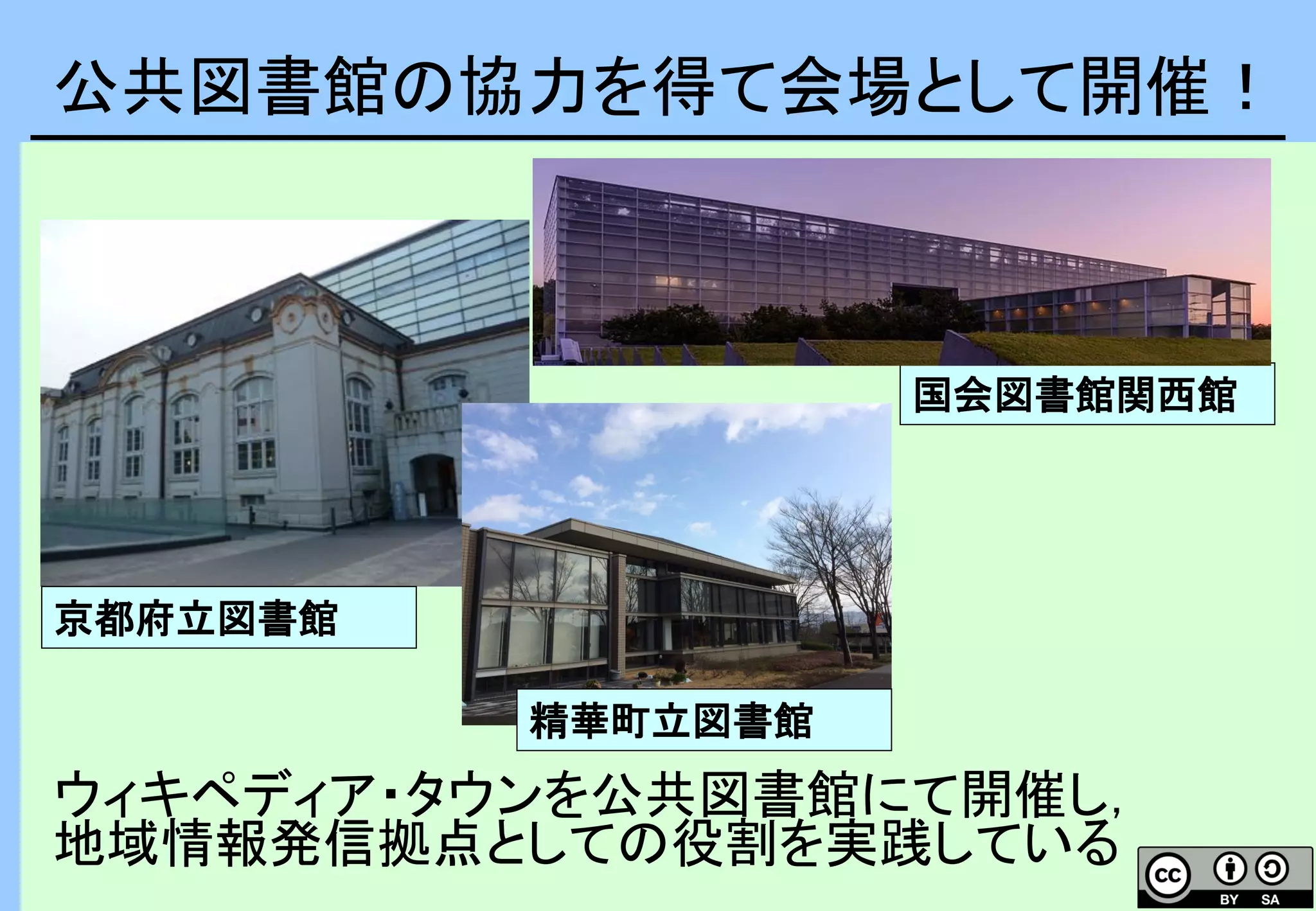 ウィキペディア・タウンを公共図書館にて開催し，
地域情報発信拠点としての役割を実践している
公共図書館の協力を得て会場として開催！
京都府立図書館
国会図書館関西館
精華町立図書館
 