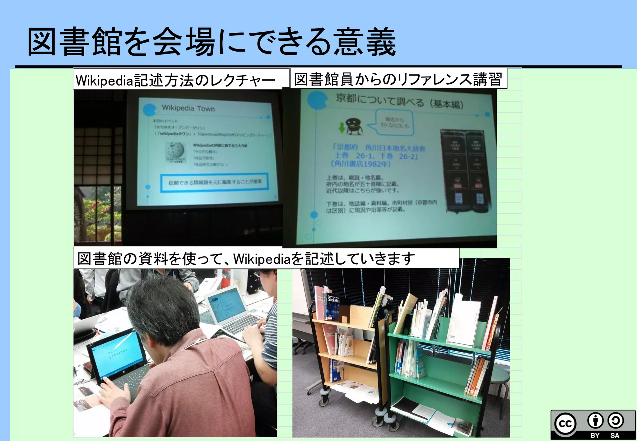 図書館を会場にできる意義
Wikipedia記述方法のレクチャー
図書館の資料を使って、Wikipediaを記述していきます
図書館員からのリファレンス講習
 