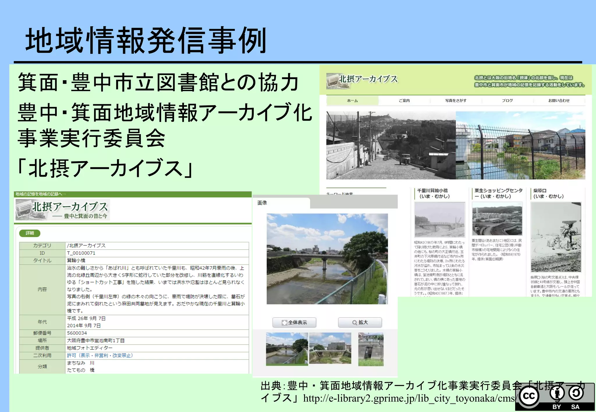 5
箕面・豊中市立図書館との協力
豊中・箕面地域情報アーカイブ化
事業実行委員会
「北摂アーカイブス」
地域情報発信事例
出典：豊中・箕面地域情報アーカイブ化事業実行委員会「北摂アーカ
イブス」http://e-library2.gprime.jp/lib_city_toyonaka/cms/
 