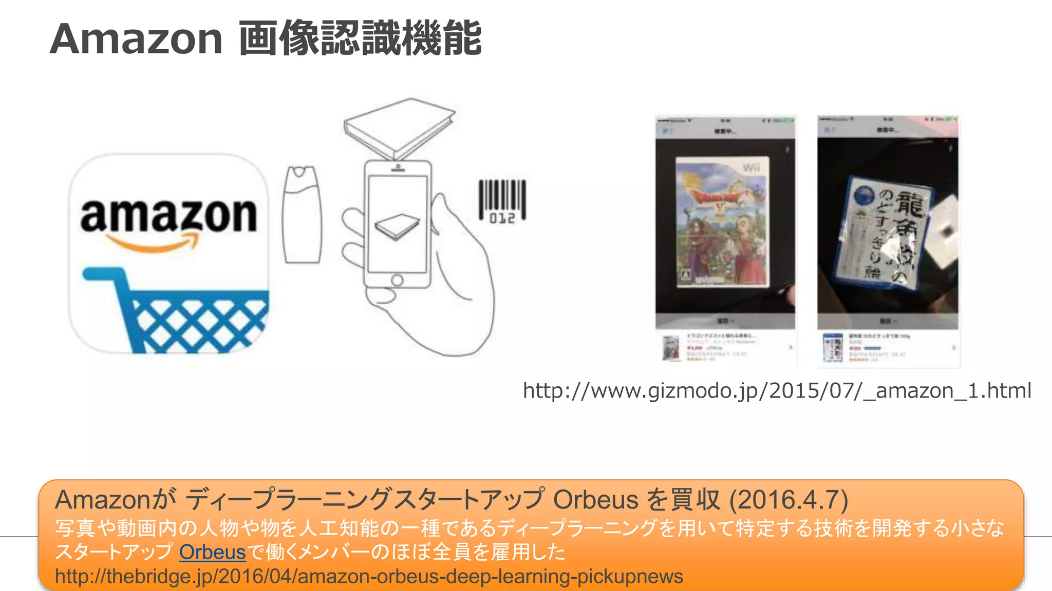 5
Amazon 画像認識機能
http://www.gizmodo.jp/2015/07/_amazon_1.html
Amazonが ディープラーニングスタートアップ Orbeus を買収 (2016.4.7)
写真や動画内の人物や物を人工知能の一種であるディープラーニングを用いて特定する技術を開発する小さな
スタートアップ Orbeusで働くメンバーのほぼ全員を雇用した
http://thebridge.jp/2016/04/amazon-orbeus-deep-learning-pickupnews
 