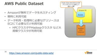 30
AWS Public Dataset
• Amazonが無料でデータをホスティング
• 瞬時に利用可能
• データ利用・処理時に必要なITリソースは
EC2にて必要なだけ利用可能
• HPCクラスタやHadoopクラスタ など大
規模クラスタが利用可能
https://aws.amazon.com/public-data-sets/
Amazon
EC2
Instances
Amazon S3
Bucket
Public Data SetsはS3上のオ
ブジェクト(ファイル)群として
保存・公開
 