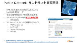 31
Public Dataset: ランドサット衛星画像
• NASAと米地質調査所(USGS)による
Landsat 8のデータ
• 地球の陸地全部の中解像度衛星画像
• 8万5000点のデータをS3に無償公開
– (常時追加中)
• 3rd Partyツールによる解析やサービス
– NASA Landsat-util
– Esri ArcGIS
– Mapbox Landsat-live
– MATLAB
https://aws.amazon.com/jp/public-data-sets/landsat/
http://aws.typepad.com/aws_japan/2013/11/process-earth-science-data-on-aws-with-nasa-nex.html
http://blogs.mathworks.com/steve/2015/03/19/matlab-landsat-8-aws/
 