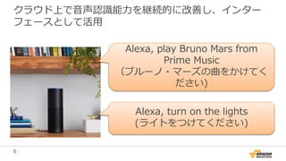 6
クラウド上で音声認識能力を継続的に改善し、インター
フェースとして活用
Alexa, play Bruno Mars from
Prime Music
（ブルーノ・マーズの曲をかけてく
ださい)
Alexa, turn on the lights
(ライトをつけてください)
 