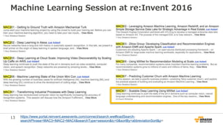 13
Machine Learning Session at re:Invent 2016
https://www.portal.reinvent.awsevents.com/connect/search.ww#loadSearch-
searchPhrase=MAC3+MAC2+MAC4&searchType=session&tc=0&sortBy=abbreviationSort&p=
 