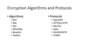 Encryption Algorithms and Protocols
• Algorithms
• RC4
• RSA
• AES
• DES/3DES
• Blowfish
• Twofish
• Protocols
• OpenPGP
• HTTPS/S-HTTP
• SSL/TLS
• IpSec
• SSH/SCP/SFTP
• STMPS
 