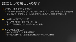 誰にとって嬉しいのか？
✤ フロントエンドエンジニア
⎻ サーバサイドがわからないフロントエンドエンジニアだけでもサービスを実現
⎻ シングルページアプリケーションやモバイルのバックエンドAPIとして
✤ サーバサイドエンジニア
⎻ サーバサイドの⼀部をアウトソース
⎻ よりコアな機能・ロジックそのものに集中
✤ インフラエンジニア
⎻ イベントドリブンな運⽤を簡単に
⎻ サービスとサービスを繋ぎあわせるだけのシステム構築
 