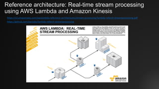 Reference architecture: Real-time stream processing
using AWS Lambda and Amazon Kinesis
https://s3.amazonaws.com/awslambda-reference-architectures/stream-processing/lambda-refarch-streamprocessing.pdf
https://github.com/awslabs/lambda-refarch-streamprocessing
 