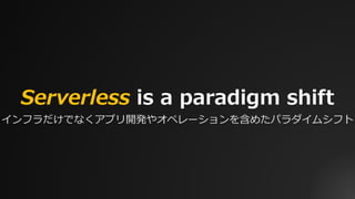 Serverless is a paradigm shift
インフラだけでなくアプリ開発やオペレーションを含めたパラダイムシフト
 