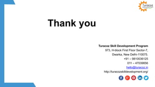 Turacoz Skill Development Program
973, H-block First Floor Sector-7,
Dwarka, New Delhi-110075.
+91 – 9810036125
011 – 47039856
hello@turacoz.in
http://turacozskilldevelopment.org/
Thank you
 