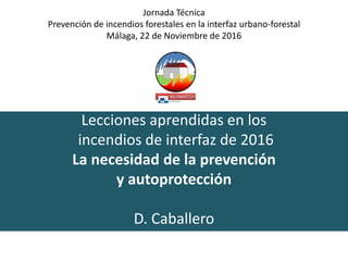 Jornada Técnica
Prevención de incendios forestales en la interfaz urbano-forestal
Málaga, 22 de Noviembre de 2016
Lecciones aprendidas en los
incendios de interfaz de 2016
La necesidad de la prevención
y autoprotección
D. Caballero
 