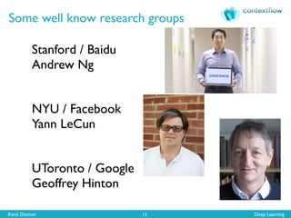 René Donner Deep Learning
Some well know research groups
13
Stanford / Baidu 
Andrew Ng
NYU / Facebook 
Yann LeCun
UToronto / Google 
Geoffrey Hinton
 