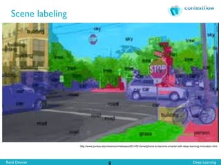 René Donner Deep Learning
Scene labeling
8
http://www.purdue.edu/newsroom/releases/2014/Q1/smartphone-to-become-smarter-with-deep-learning-innovation.html
 