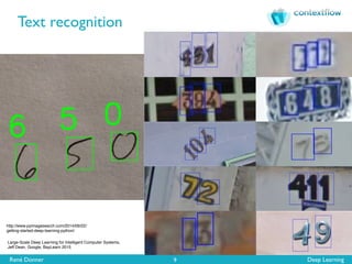 René Donner Deep Learning
Text recognition
9
http://www.pyimagesearch.com/2014/09/22/
getting-started-deep-learning-python/
Large-Scale Deep Learning for Intelligent Computer Systems,
Jeff Dean, Google, BayLearn 2015
 