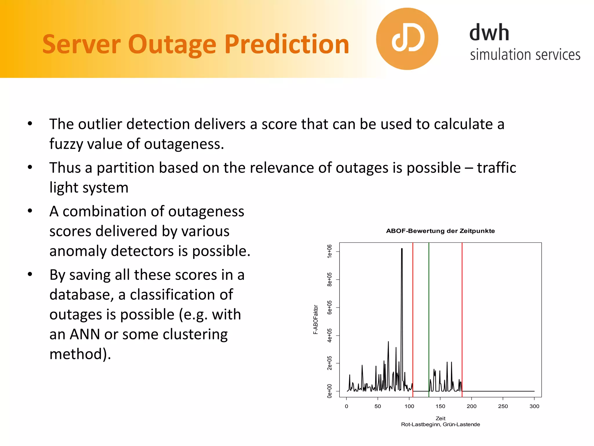 Server Outage Prediction
• The outlier detection delivers a score that can be used to calculate a
fuzzy value of outageness.
• Thus a partition based on the relevance of outages is possible – traffic
light system
• A combination of outageness
scores delivered by various
anomaly detectors is possible.
• By saving all these scores in a
database, a classification of
outages is possible (e.g. with
an ANN or some clustering
method).
0 50 100 150 200 250 300
0e+002e+054e+056e+058e+051e+06
ABOF-Bewertung der Zeitpunkte
Rot-Lastbeginn, Grün-Lastende
Zeit
F-ABOFaktor
 