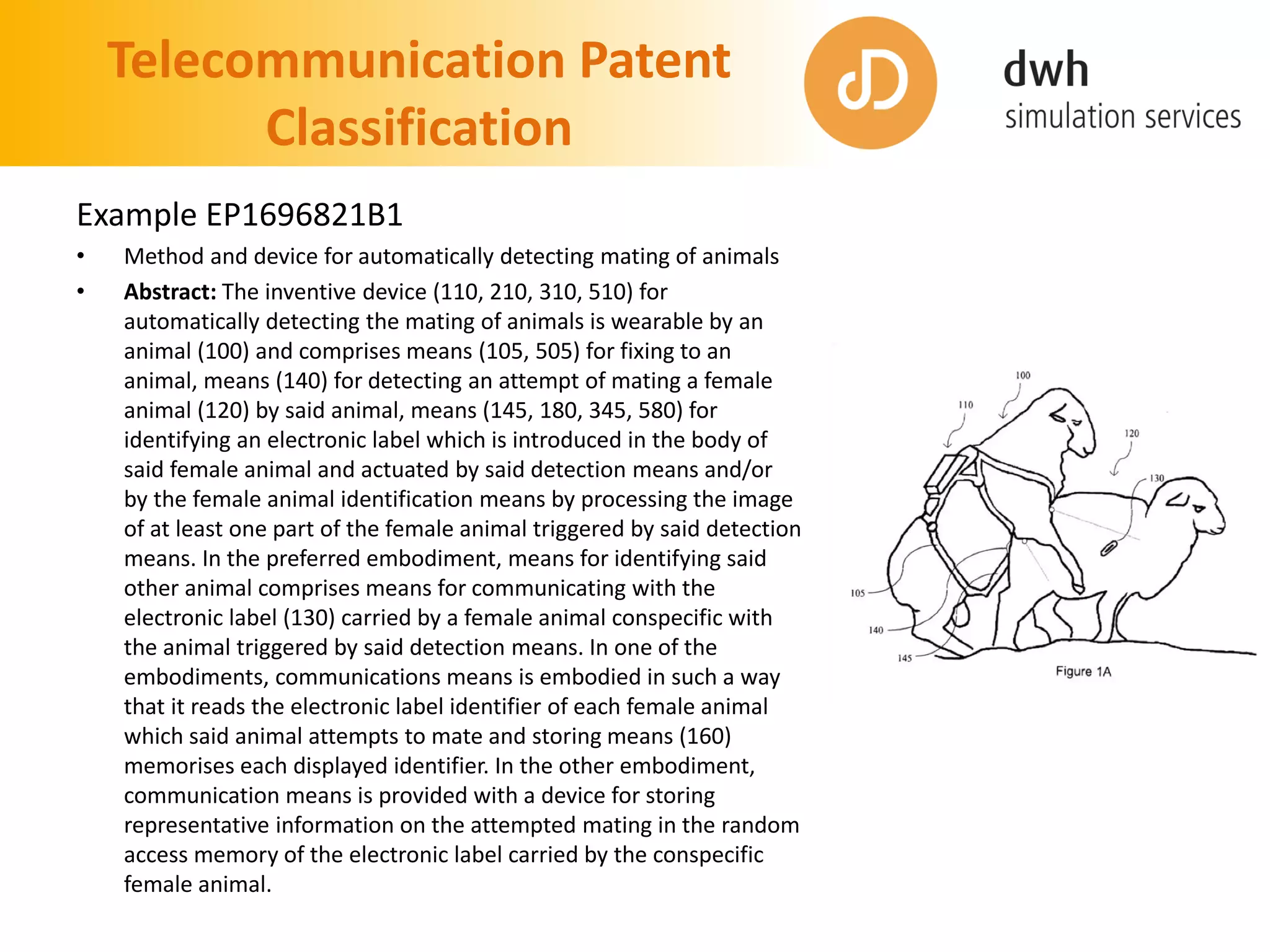 Telecommunication Patent
Classification
Example EP1696821B1
• Method and device for automatically detecting mating of animals
• Abstract: The inventive device (110, 210, 310, 510) for
automatically detecting the mating of animals is wearable by an
animal (100) and comprises means (105, 505) for fixing to an
animal, means (140) for detecting an attempt of mating a female
animal (120) by said animal, means (145, 180, 345, 580) for
identifying an electronic label which is introduced in the body of
said female animal and actuated by said detection means and/or
by the female animal identification means by processing the image
of at least one part of the female animal triggered by said detection
means. In the preferred embodiment, means for identifying said
other animal comprises means for communicating with the
electronic label (130) carried by a female animal conspecific with
the animal triggered by said detection means. In one of the
embodiments, communications means is embodied in such a way
that it reads the electronic label identifier of each female animal
which said animal attempts to mate and storing means (160)
memorises each displayed identifier. In the other embodiment,
communication means is provided with a device for storing
representative information on the attempted mating in the random
access memory of the electronic label carried by the conspecific
female animal.
 